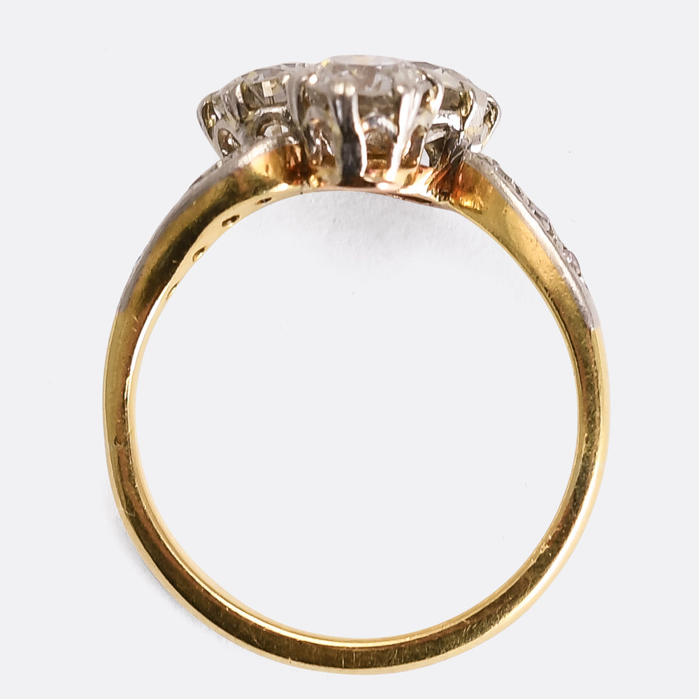 Art Nouveau Three-Stone Diamond Crossover Engagement Ring