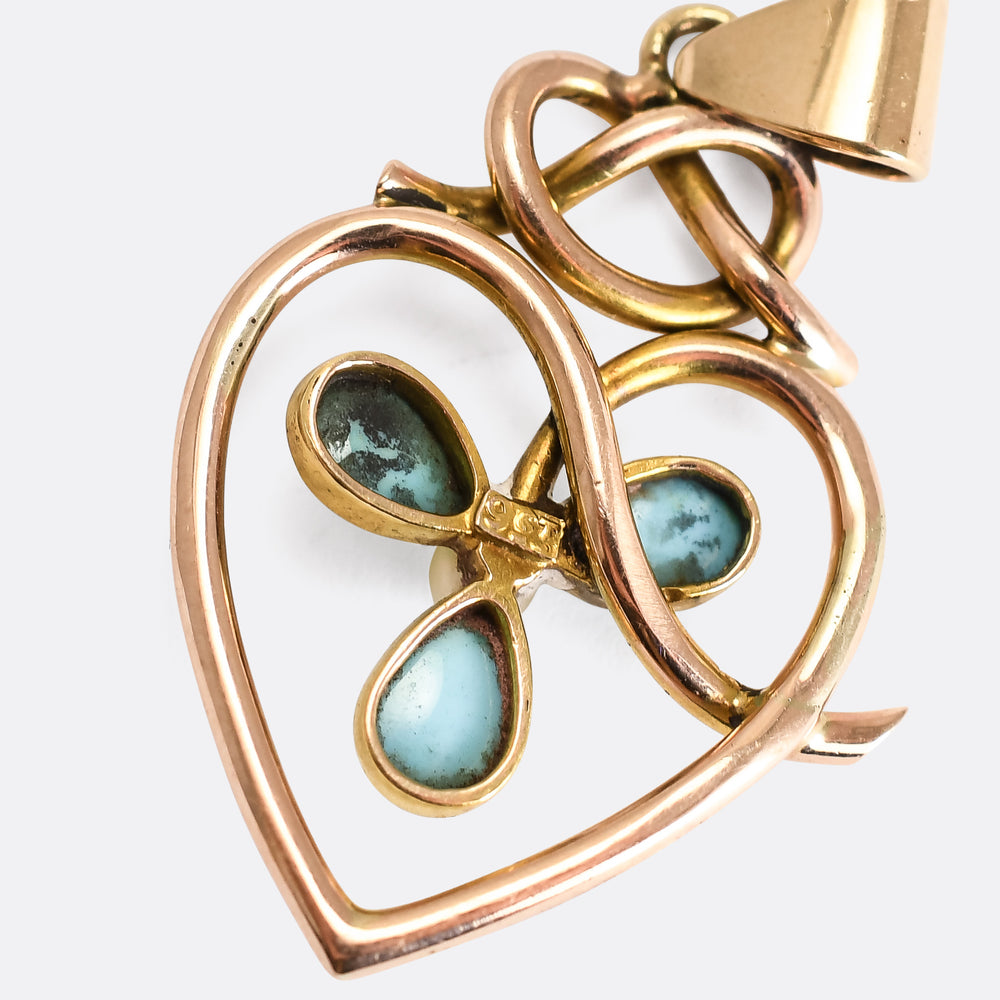 Art Nouveau Turquoise & Pearl Heart Pendant