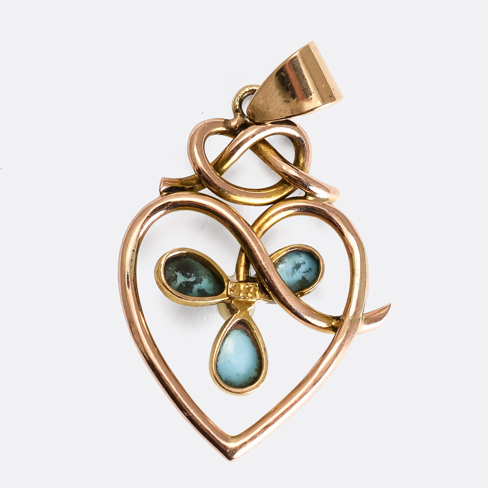 Art Nouveau Turquoise & Pearl Heart Pendant
