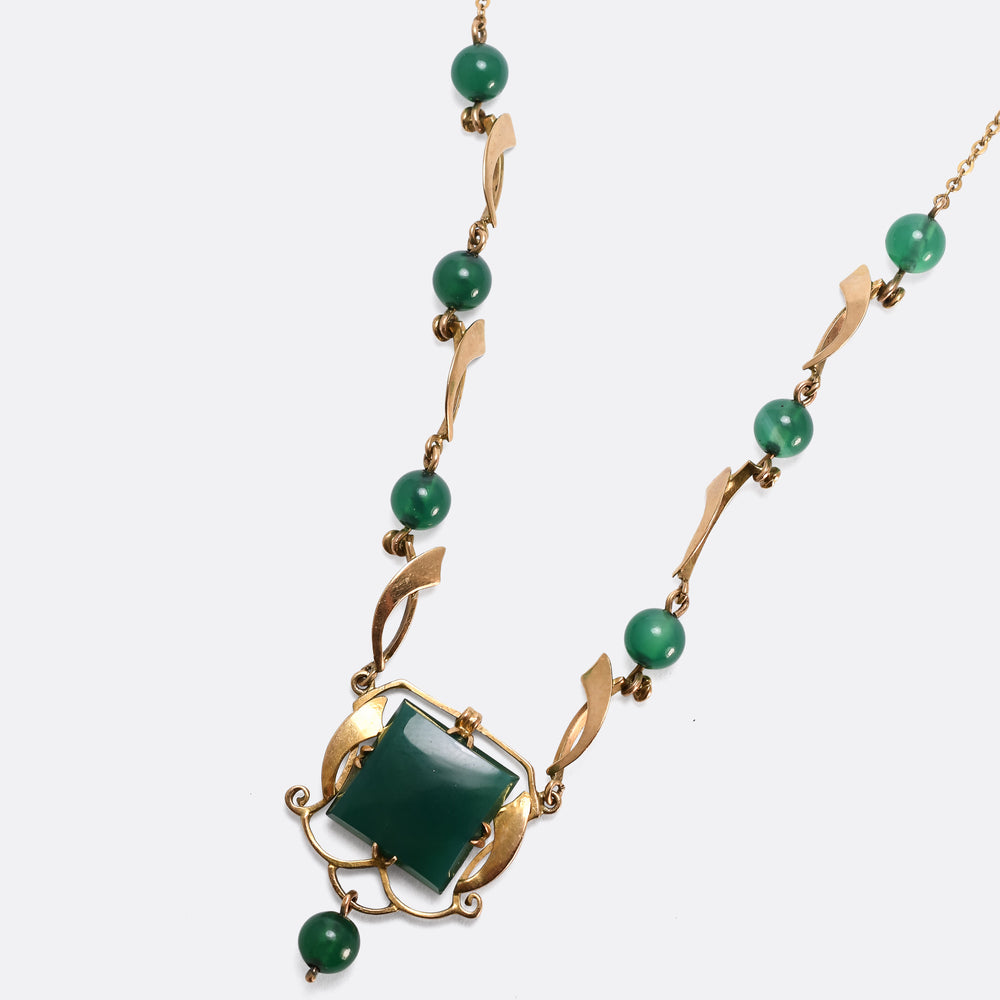 Arts & Crafts Chrysoprase & Gold Necklace
