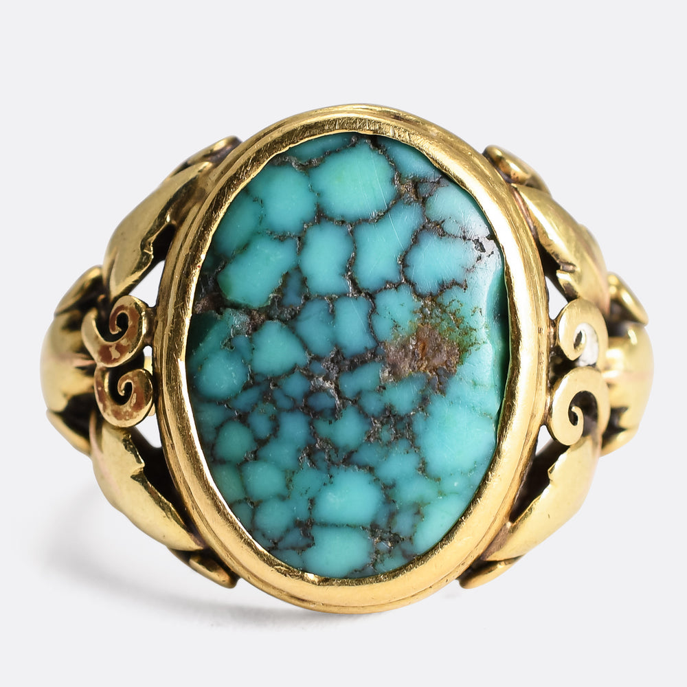 Arts & Crafts Turquoise Matrix Grape Leaf & Vine Ring