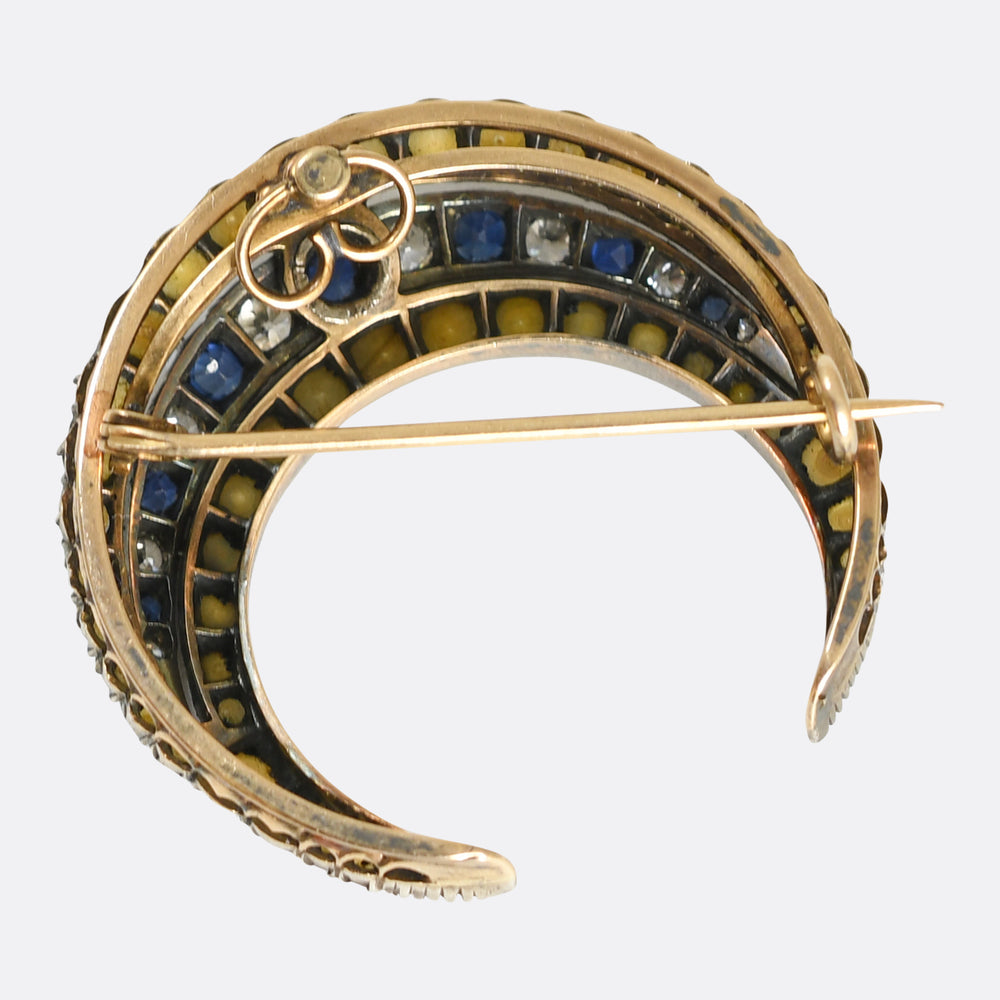 Boxed Victorian Sapphire, Diamond & Pearl Crescent Brooch