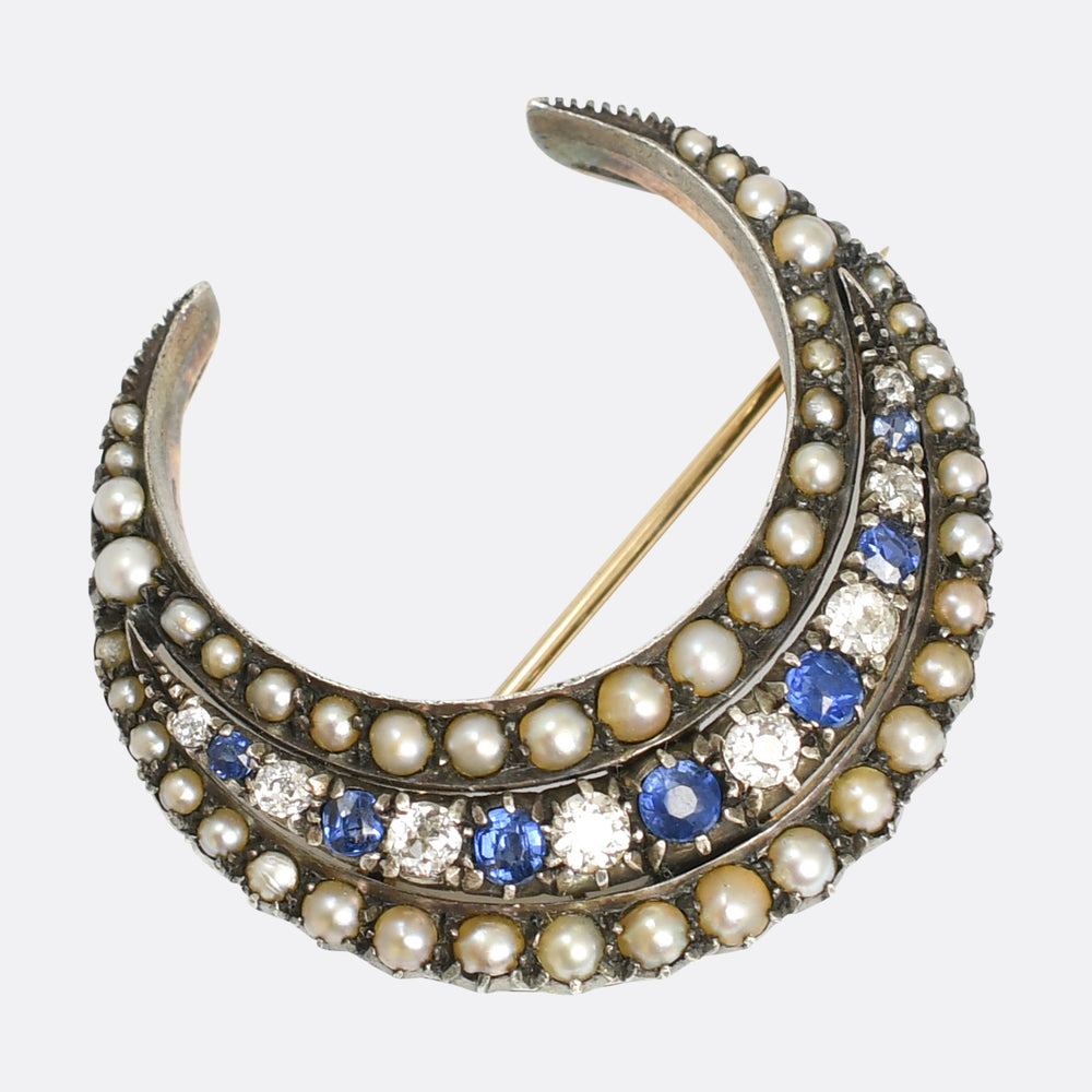 Boxed Victorian Sapphire, Diamond & Pearl Crescent Brooch