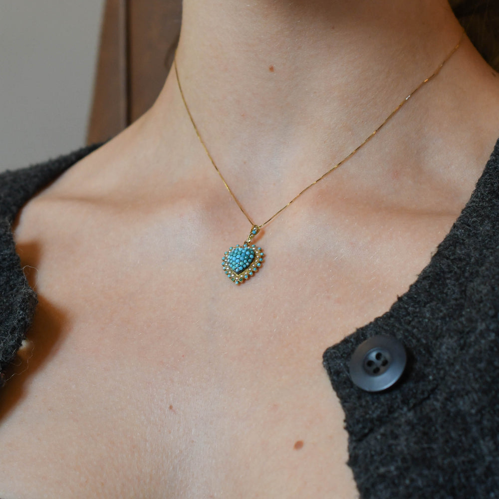 Edwardian Turquoise & Pearl Heart Locket Pendant