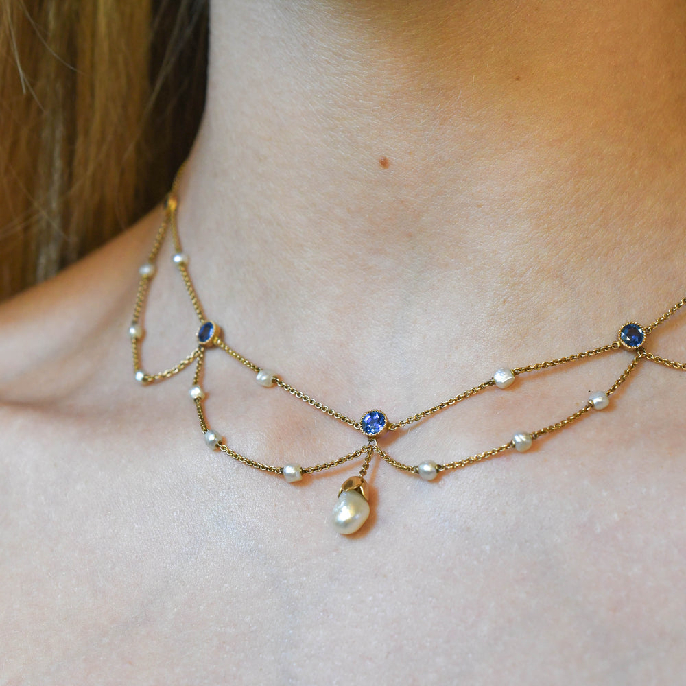 Edwardian Sapphire & Natural Pearl Swag Necklace