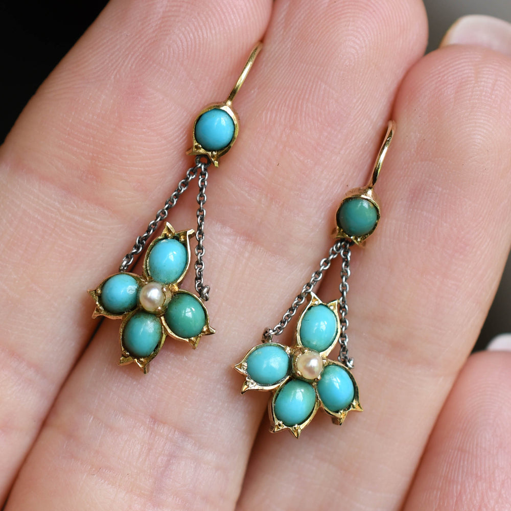 Victorian Turquoise & Pearl Drop Earrings