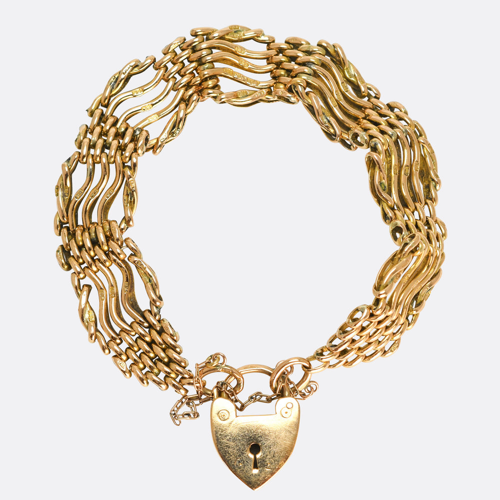 Edwardian 18k Gold Gate-Link Bracelet with Heart Padlock