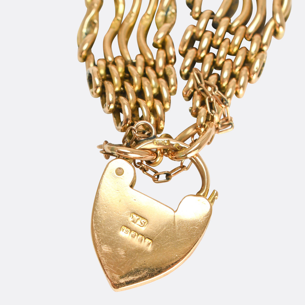 Edwardian 18k Gold Gate-Link Bracelet with Heart Padlock