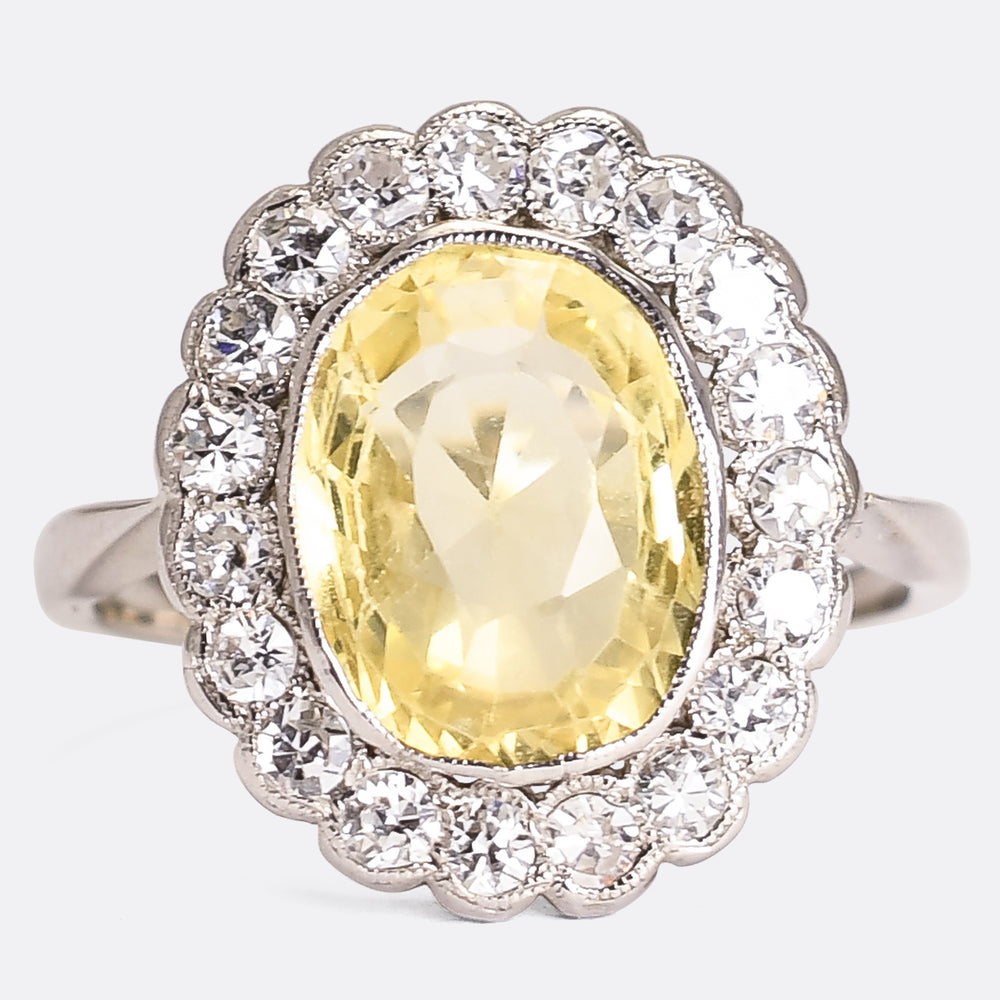 Edwardian 3.75 Carat Yellow Sapphire & Diamond Cluster Ring
