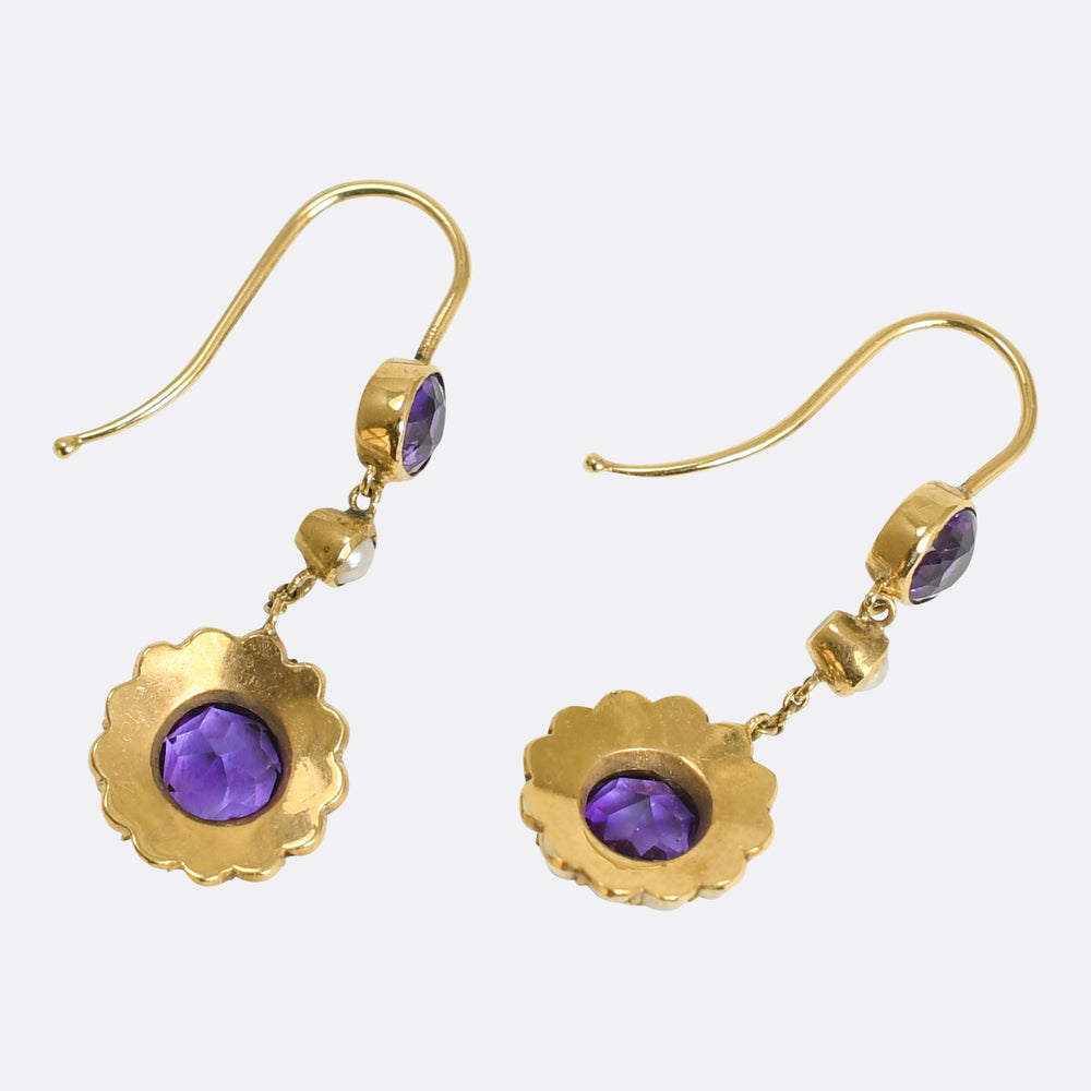 Edwardian Amethyst & Pearl Cluster Drop Earrings