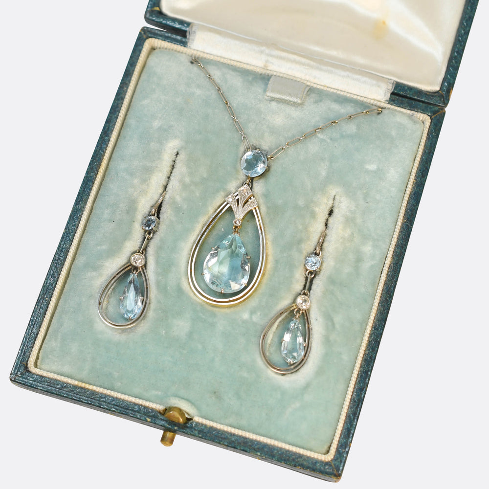 Edwardian Aquamarine & Diamond Boxed Demi-Parure