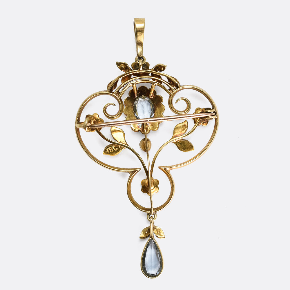 Edwardian Aquamarine & Pearl Lavaliere Pendant