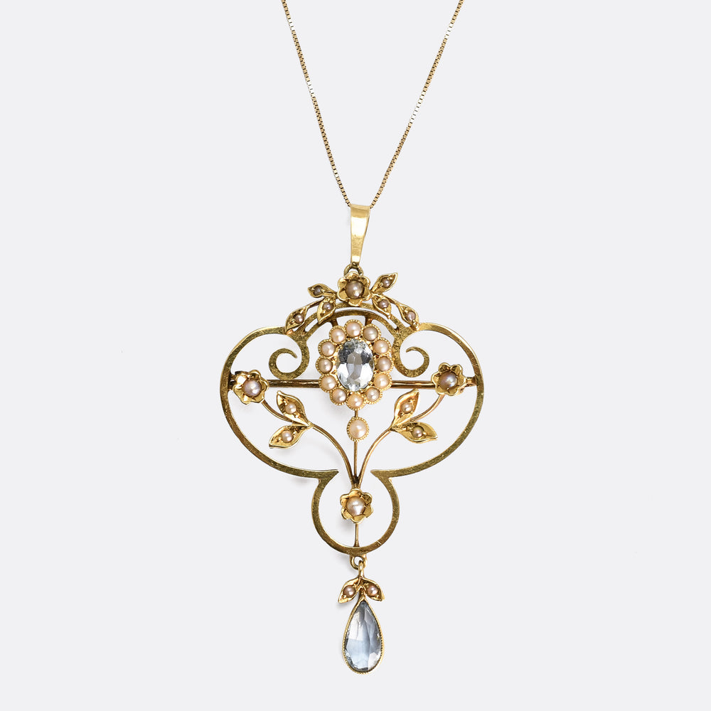 Edwardian Aquamarine & Pearl Lavaliere Pendant