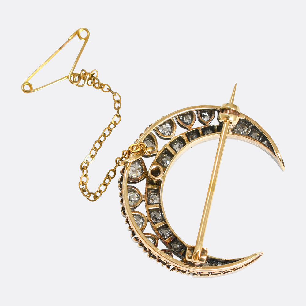 Edwardian Boxed Diamond Open Work Crescent Brooch