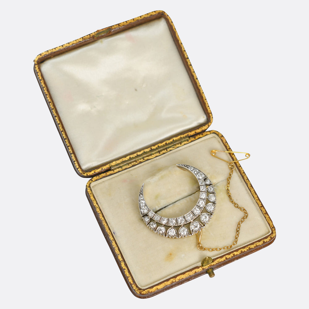 Edwardian Boxed Diamond Open Work Crescent Brooch