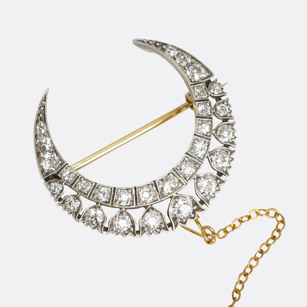 Edwardian Boxed Diamond Open Work Crescent Brooch