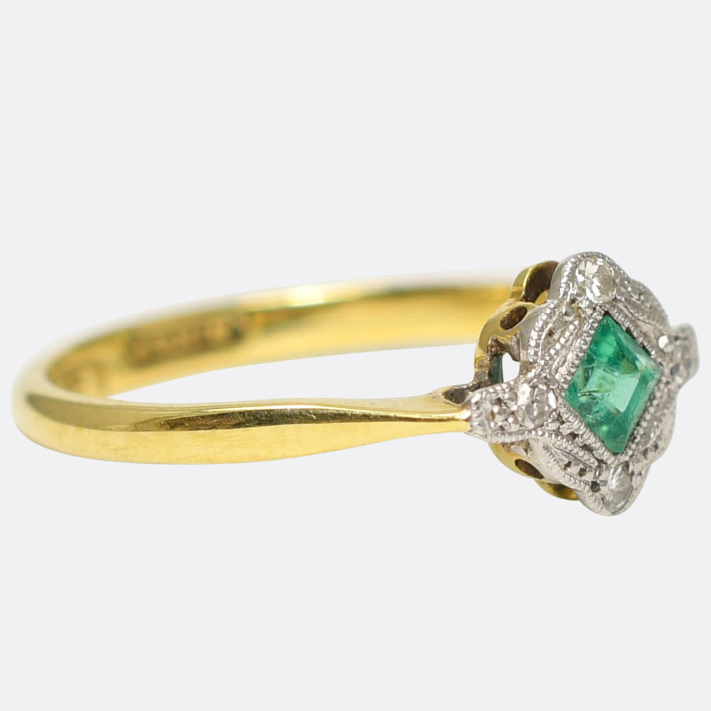 Edwardian Dainty Emerald & Diamond Cluster Ring
