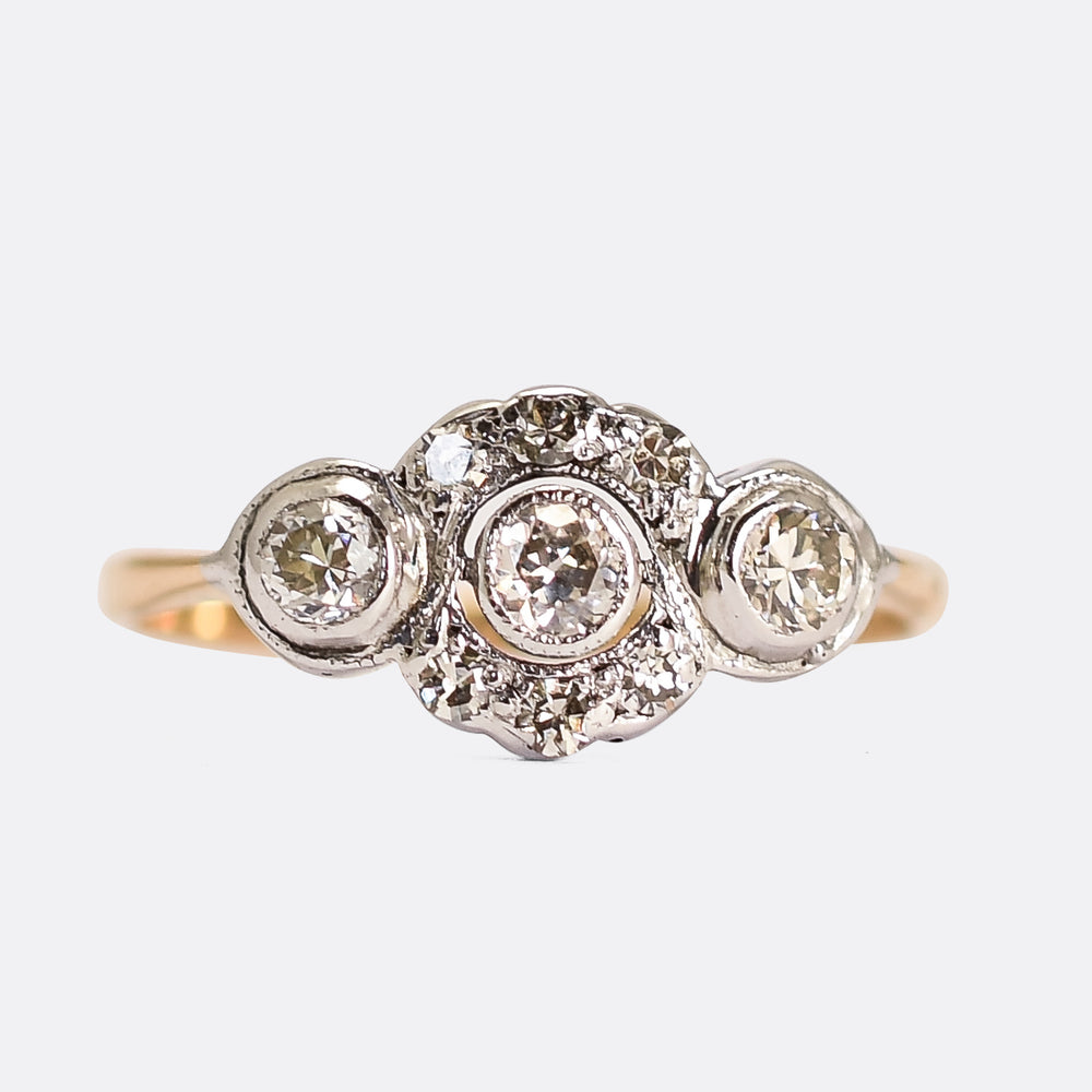 Edwardian Diamond 3-Stone Cluster Ring