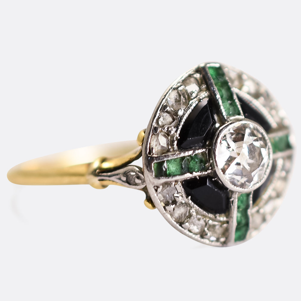Edwardian Diamond Emerald and Onyx Target Ring