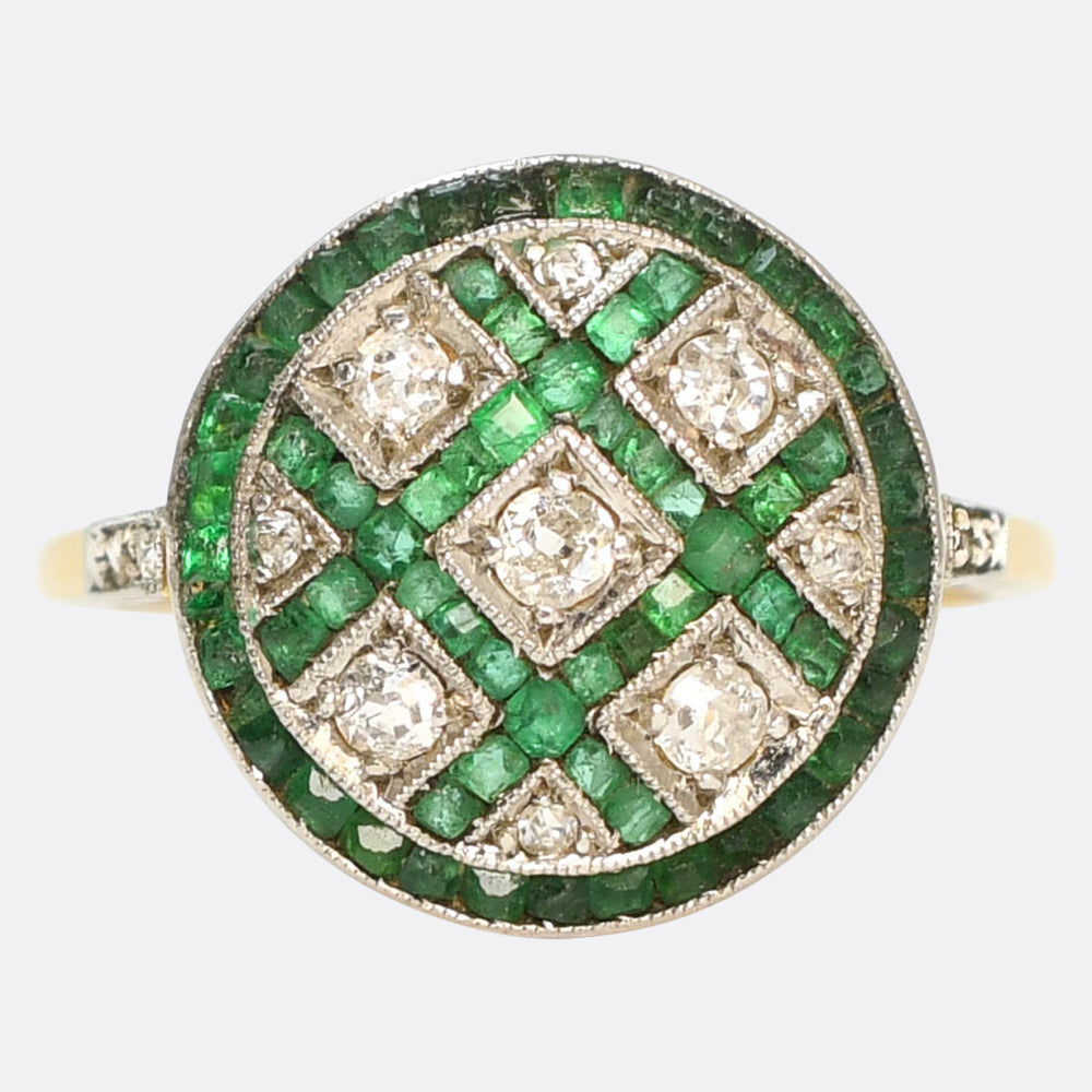 Edwardian Emerald & Diamond Lattice Work Cluster Ring