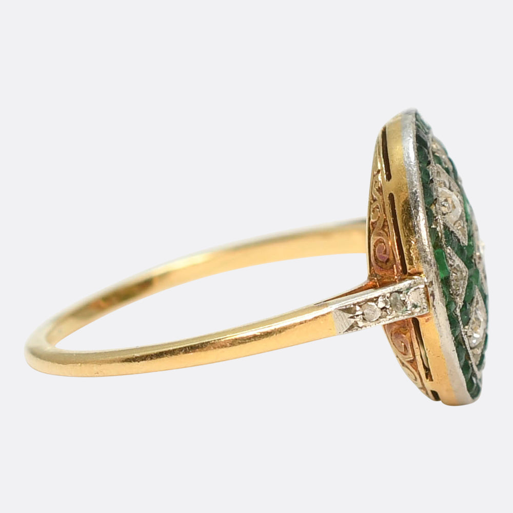 Edwardian Emerald & Diamond Lattice Work Cluster Ring