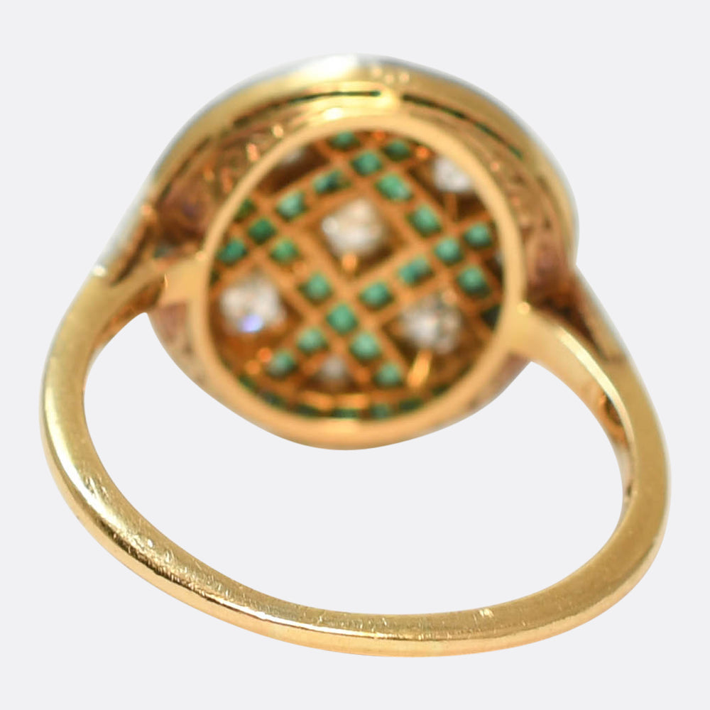 Edwardian Emerald & Diamond Lattice Work Cluster Ring