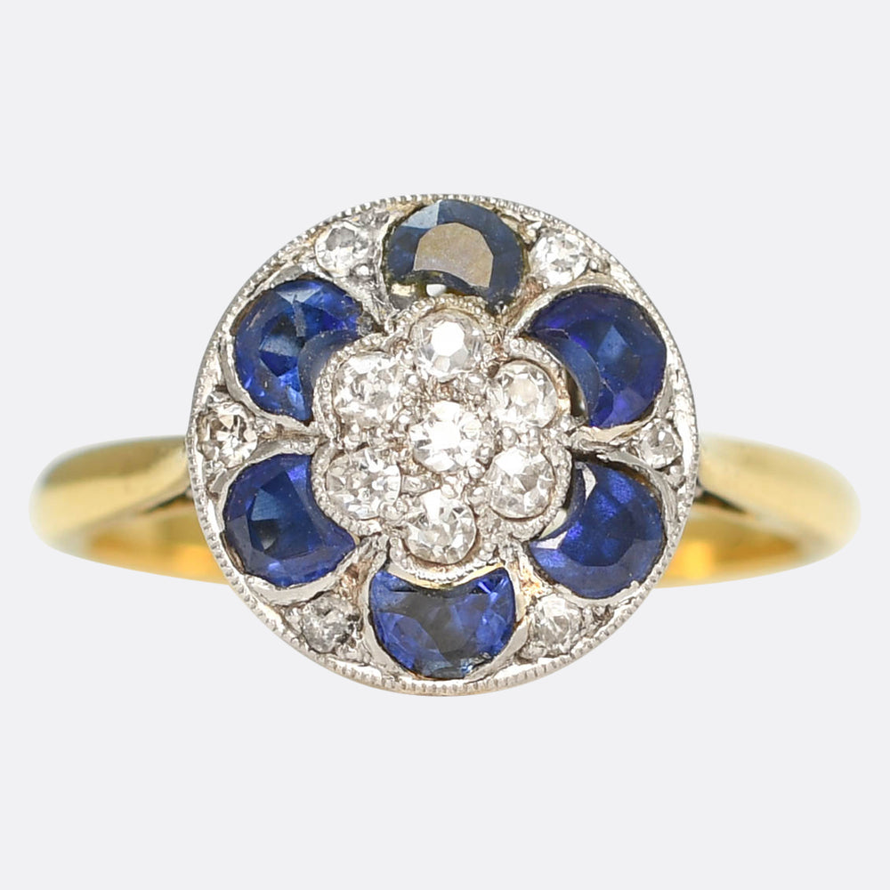 Edwardian Half-Moon Sapphire & Diamond Flower Cluster Ring