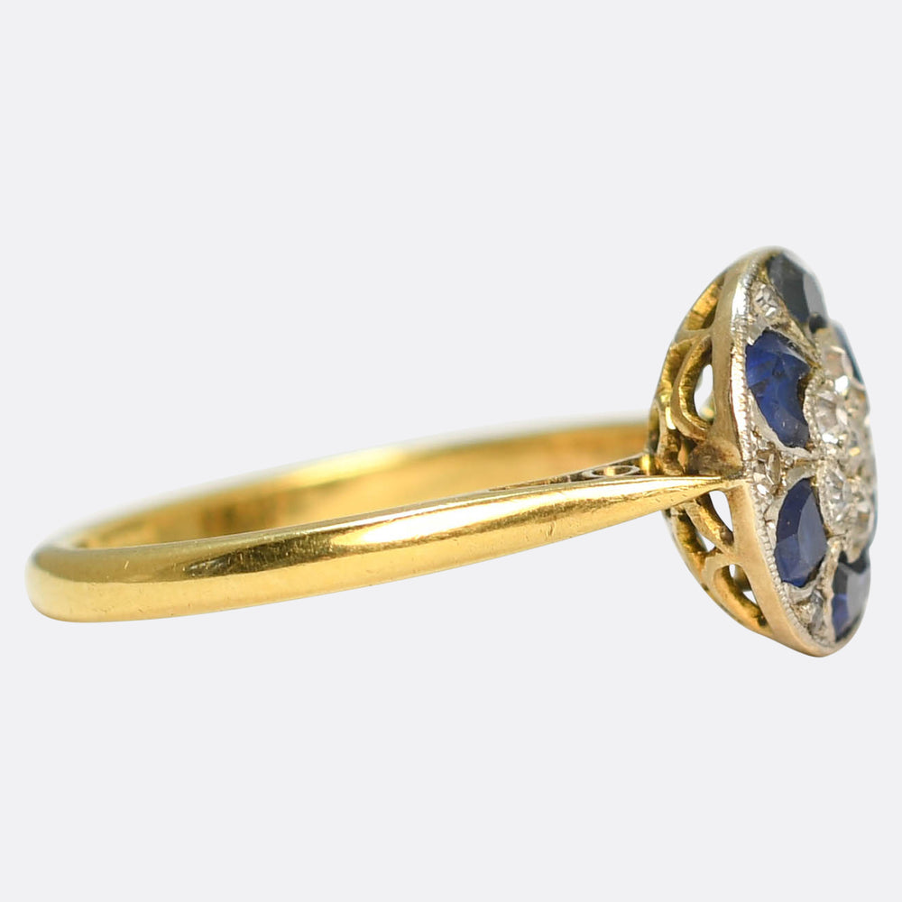 Edwardian Half-Moon Sapphire & Diamond Flower Cluster Ring