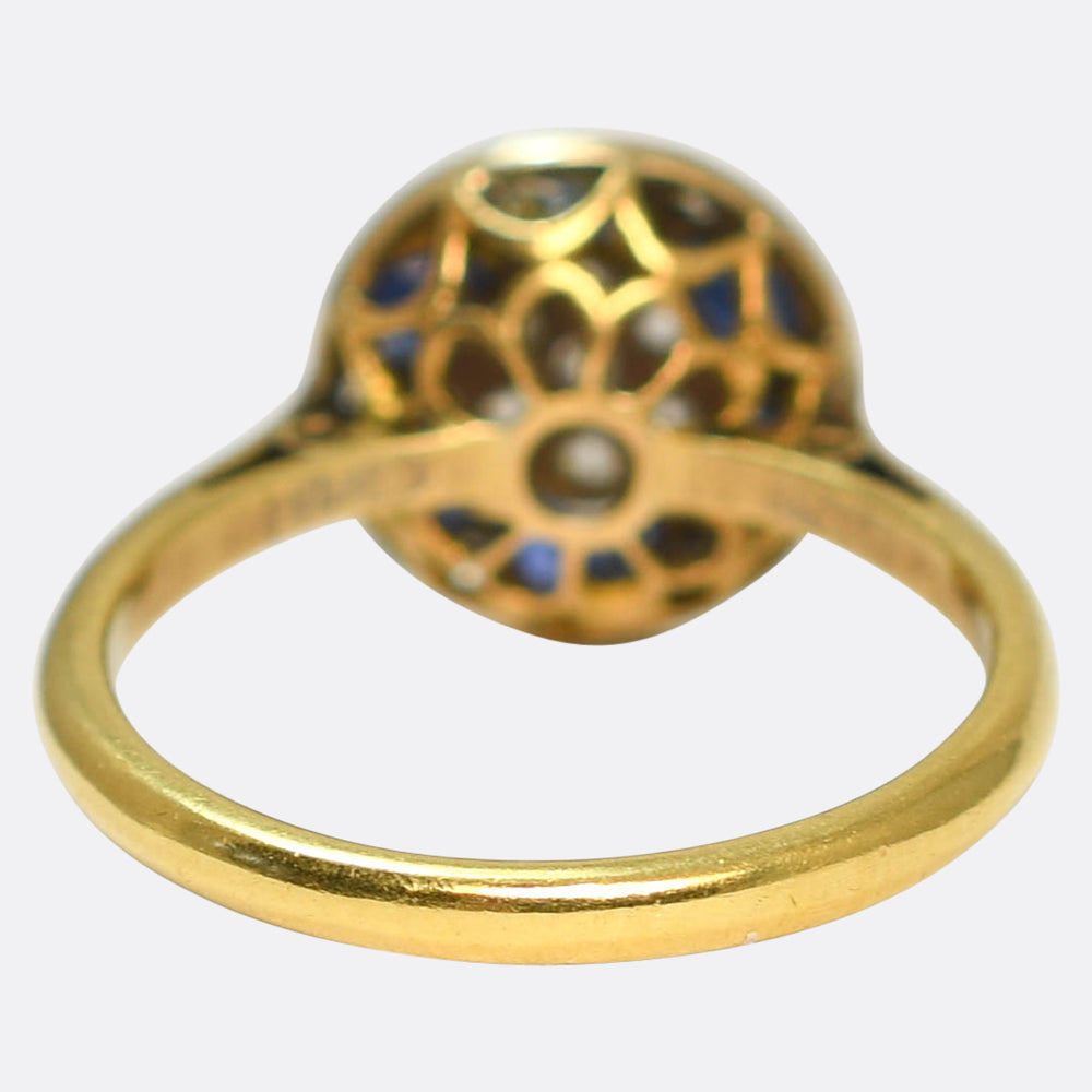 Edwardian Half-Moon Sapphire & Diamond Flower Cluster Ring