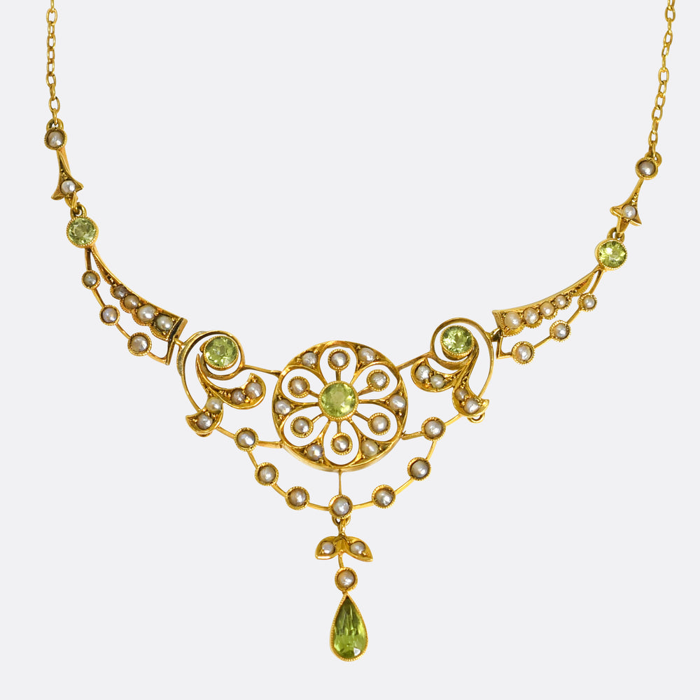 Edwardian Peridot & Pearl Floral Necklace
