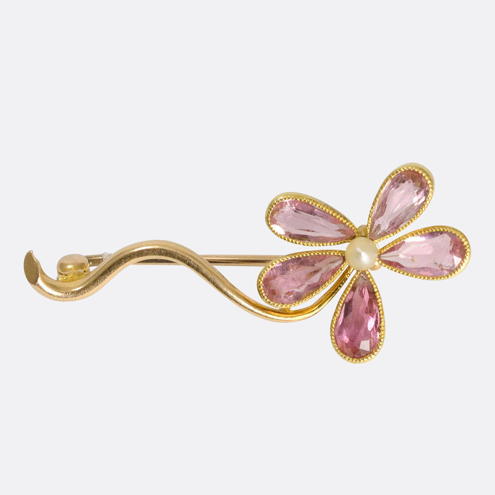 Edwardian Pink Tourmaline & Pearl Flower Pin