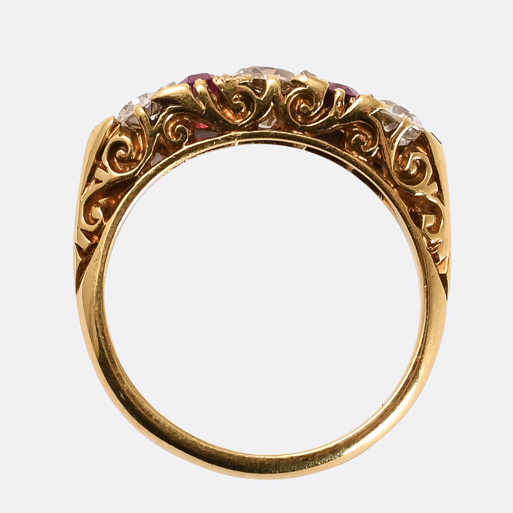 Edwardian Ruby & Diamond Scrolled 5-Stone Ring