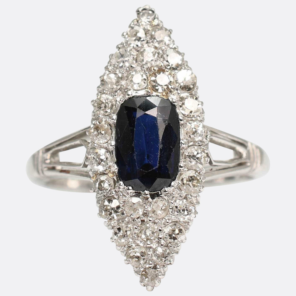 Edwardian Sapphire & Diamond Navette Cluster Ring