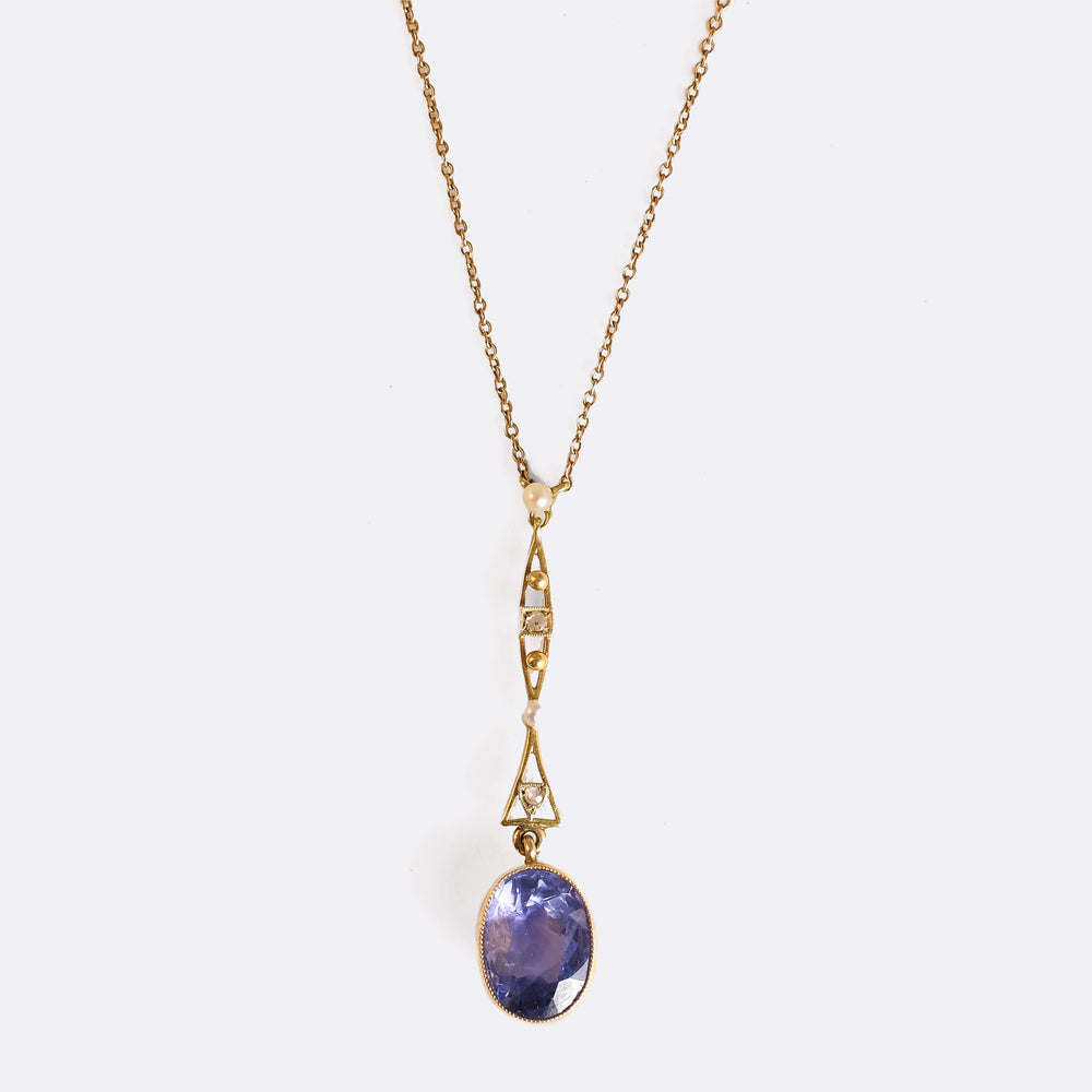 Edwardian Sapphire, Diamond & Pearl Drop Necklace