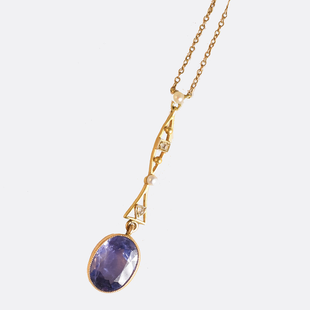 Edwardian Sapphire, Diamond & Pearl Drop Necklace