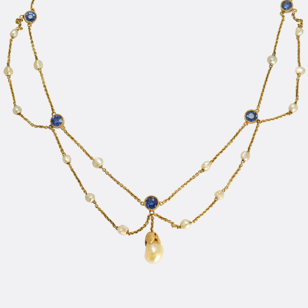 Edwardian Sapphire & Natural Pearl Swag Necklace