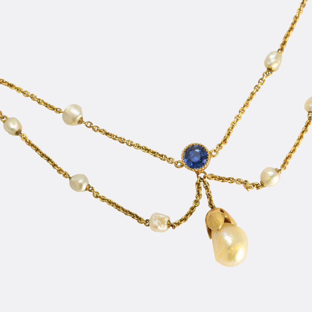 Edwardian Sapphire & Natural Pearl Swag Necklace
