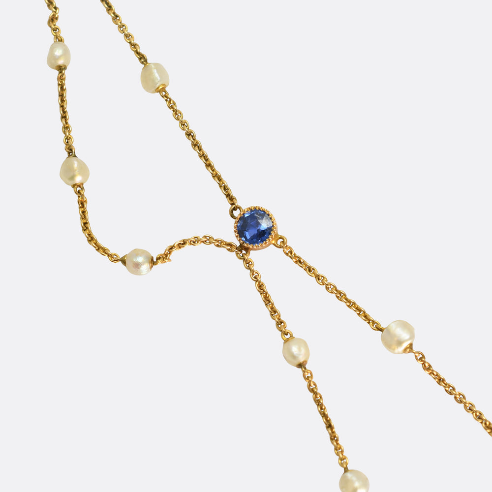 Edwardian Sapphire & Natural Pearl Swag Necklace