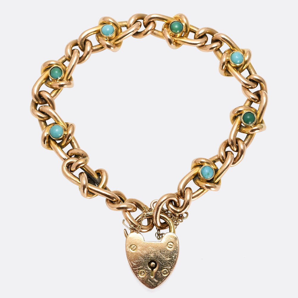 Edwardian Turquoise Curb-Link Heart Padlock Bracelet
