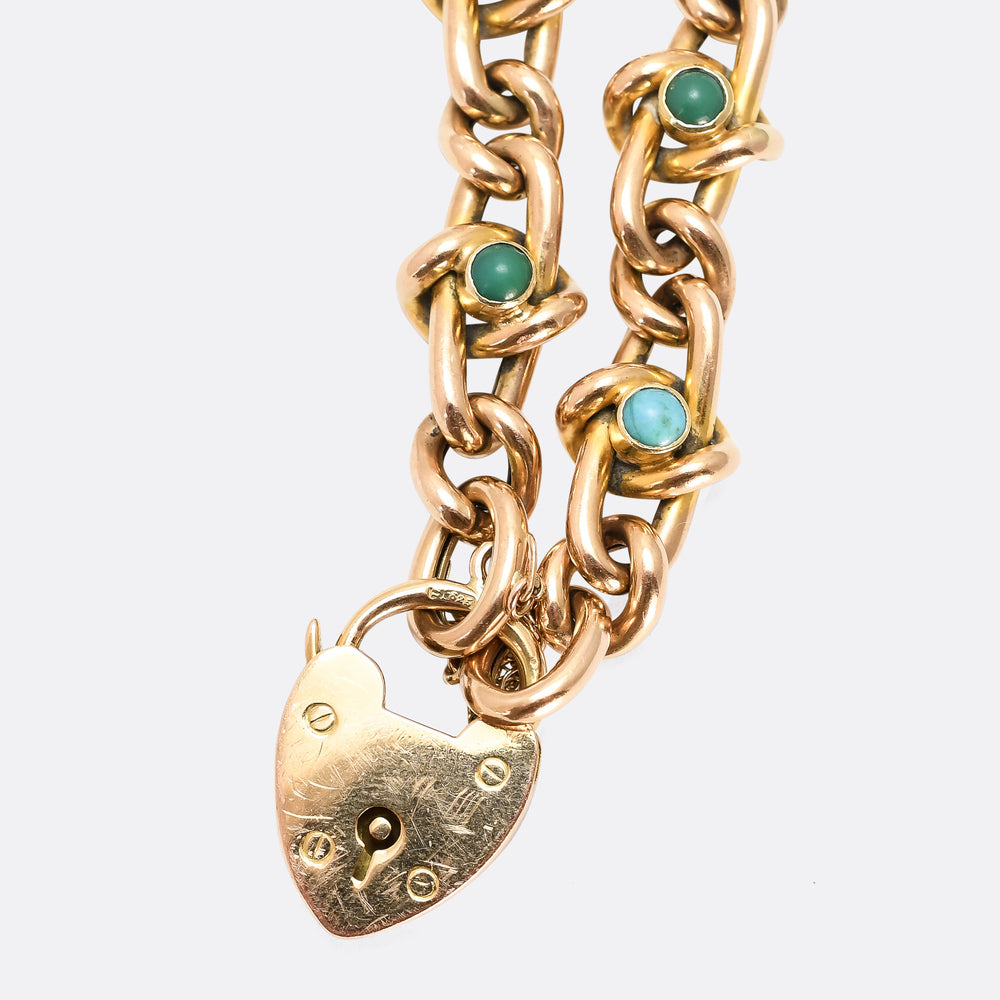 Edwardian Turquoise Curb-Link Heart Padlock Bracelet