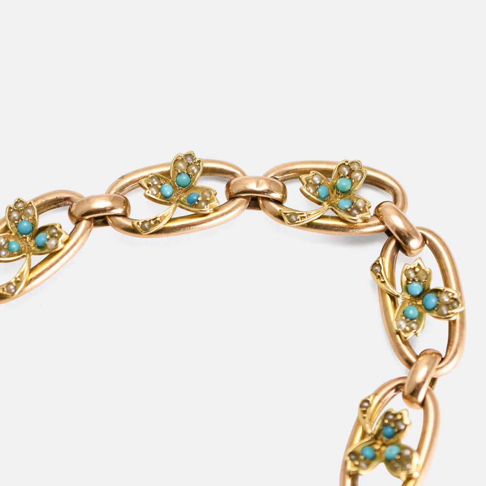 Edwardian Turquoise & Pearl Curb-Link Heart Padlock Bracelet