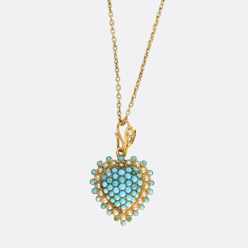 Edwardian Turquoise & Pearl Heart Locket Pendant