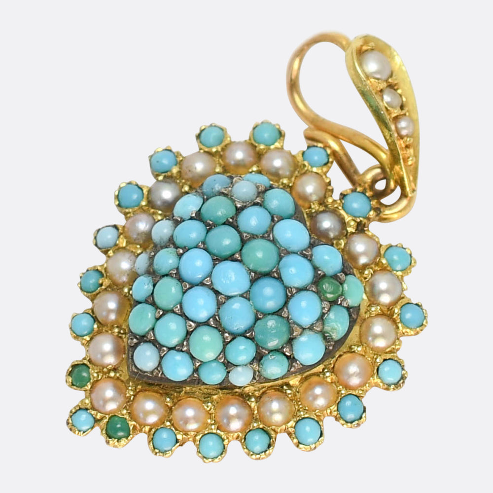 Edwardian Turquoise & Pearl Heart Locket Pendant