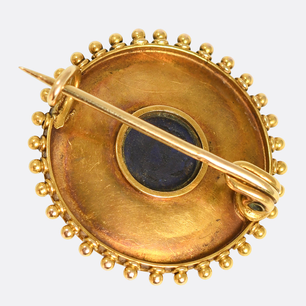 Etruscan Revival 18k Gold Lapis Lazuli & Enamel Brooch