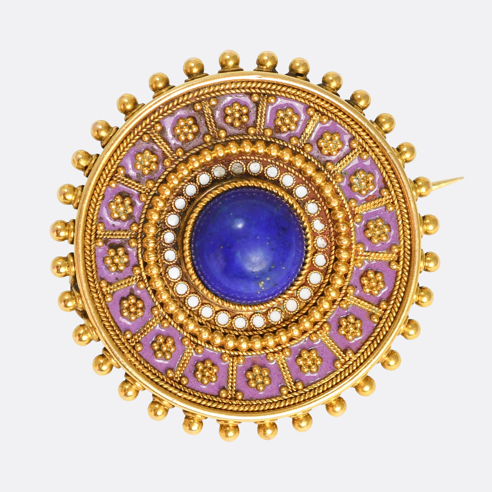 Etruscan Revival 18k Gold Lapis Lazuli & Enamel Brooch