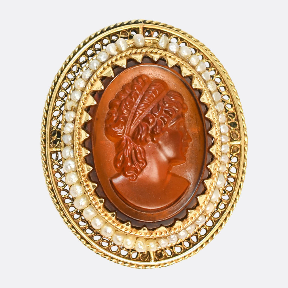 Etruscan Revival Tassie Intaglio & Pearl Brooch