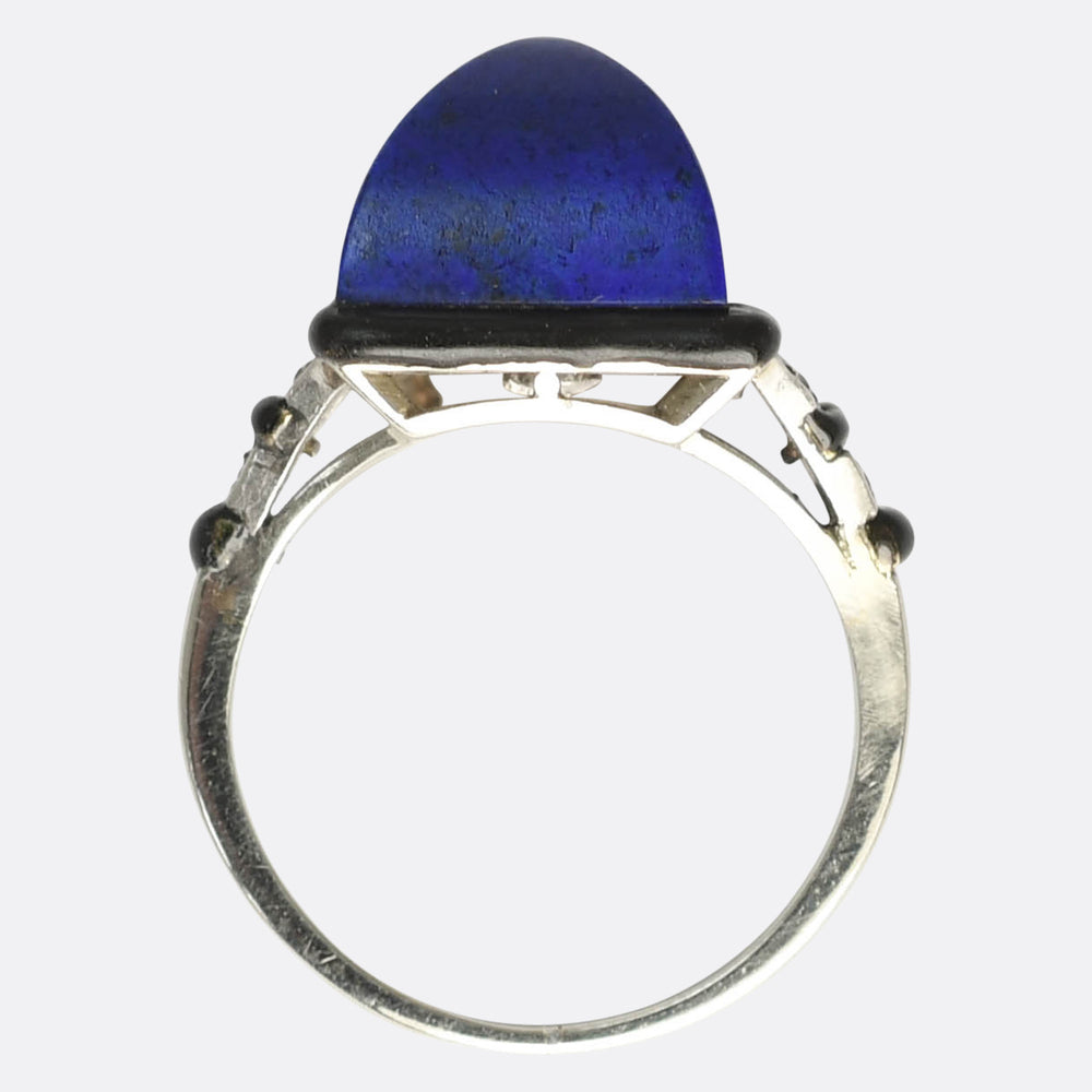 French Art Deco Sugarloaf Lapis Lazuli, Diamond & Enamel Ring