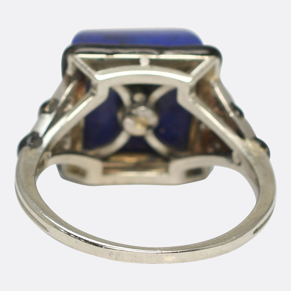 French Art Deco Sugarloaf Lapis Lazuli, Diamond & Enamel Ring