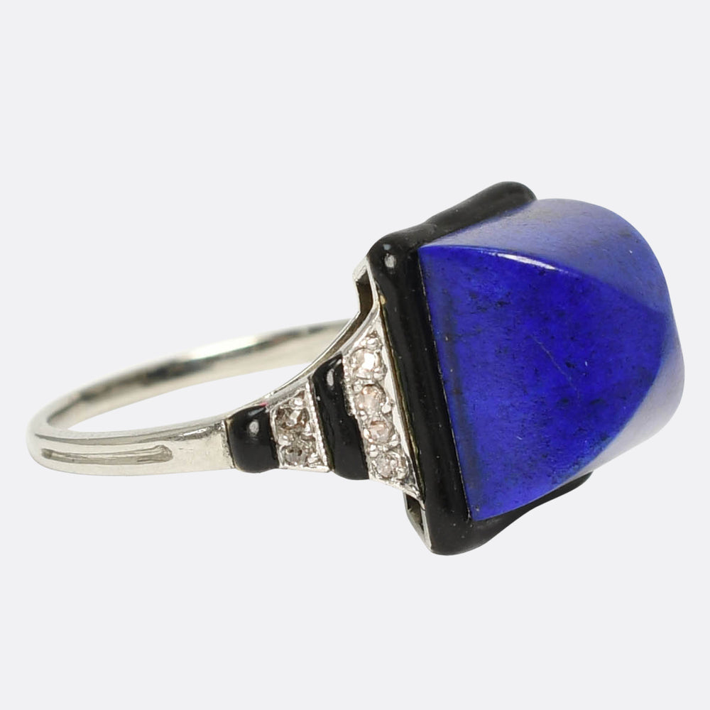 French Art Deco Sugarloaf Lapis Lazuli, Diamond & Enamel Ring