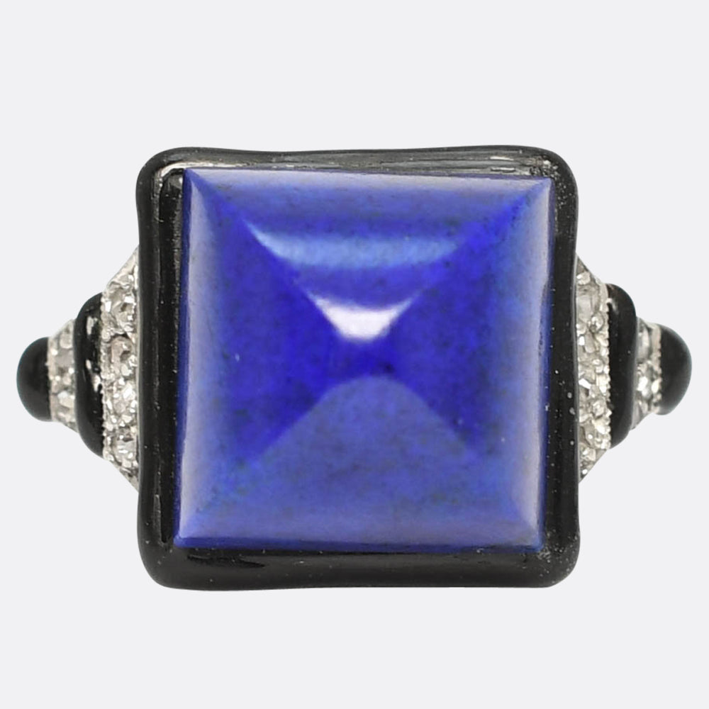 French Art Deco Sugarloaf Lapis Lazuli, Diamond & Enamel Ring